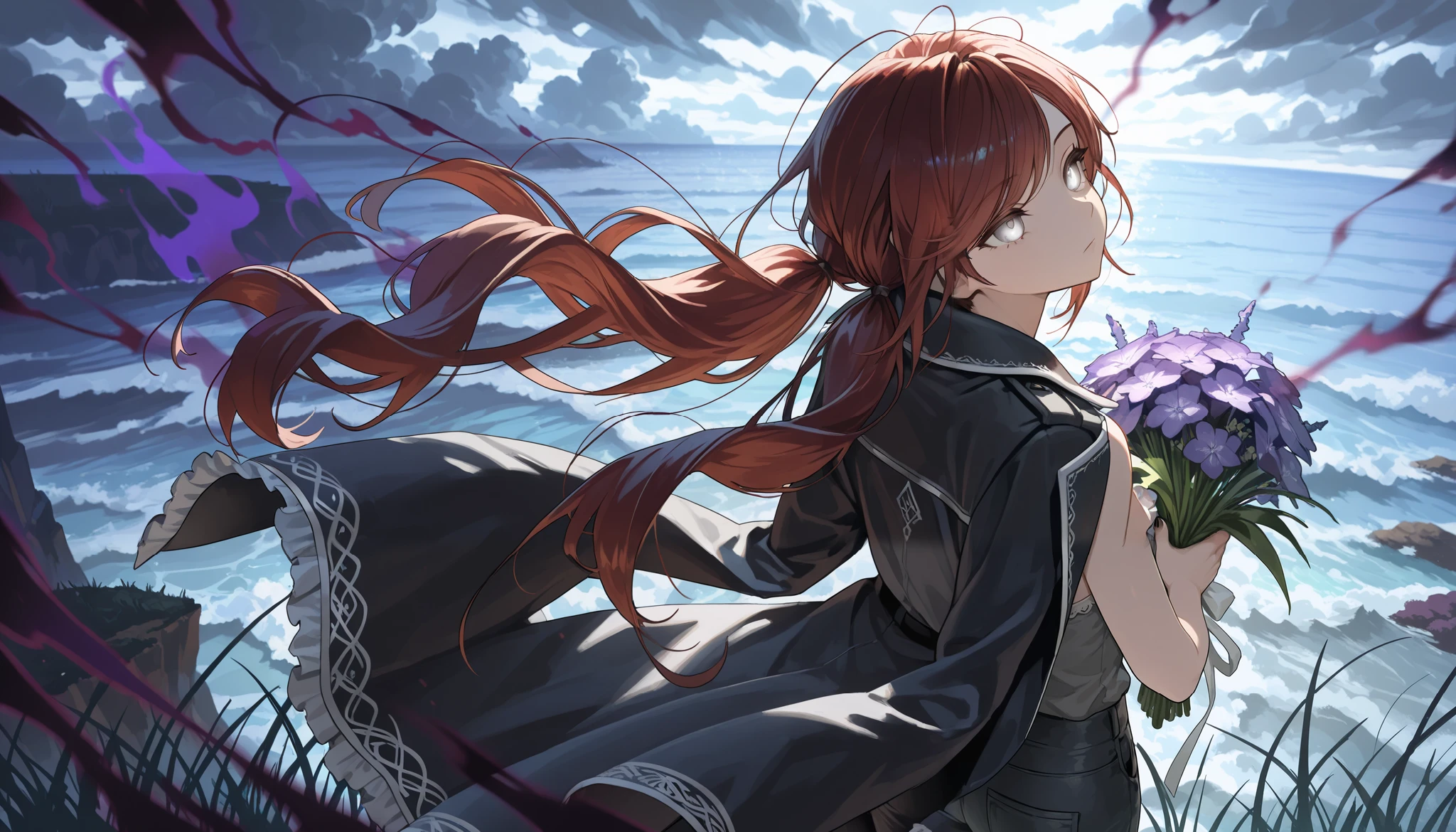 (masterpiece:1.2, Best Quality), (finely detailed beautiful eye: 1.2), (beautiful detailed face), (masterpiece:1.2, Best Quality), (finely detailed beautiful eye: 1.2), (beautiful detailed face),from above, from behind, looking out to sea, storm clouds, dark aura, dark energy, bristly hair, glowing eyes, dark aura, shadowy aura, upper body, thin girl, holding bouquet of purple flowers, expressionless, :l, Gray eyes, lifeless eyes, head tilt, dark red hair, swept bangs, low twin tails, white ribbons, strapless sleeveless shirt, gray shirt, shirt with white trim, frill trim, black coat worn over shoulders, black jeans, black nails, thin thighs, thin legs, sea in distance, shimmering sea, tall grass, atop cliff, close up, messy hair, stoic, shadowy aura,