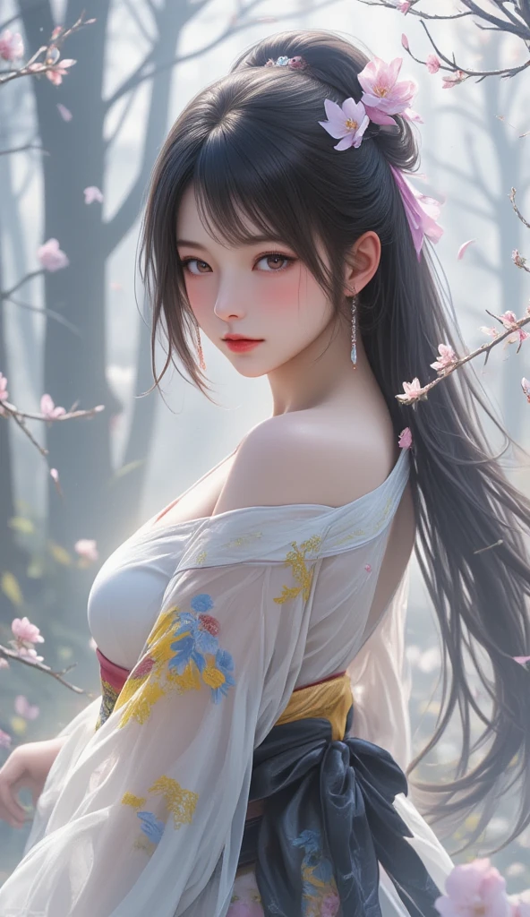 portrait of a girl, (face:1.2), Floating hair, wind, clouds, sunshine, movie light, bangs, face close-up, sky background, oil painting texture, clear hair, light hair, flowers, girls, smiles, bright eyes, single line shoulder, collarbone, shirt, autumn, bare shoulder, bare tree, black hair, branch, cherry blossom, cleavage,coat, (robe:1.21), collarbone, earrings, gray background, hair accessories, Hanfu, Holding a pipe, jewelry, lips, long hair, medium breasts, sitting, solo, tassel, tree, wide sleeves, see through clothes, translucent clothes, silk, Shuke walking horse, negative space, ink painting, standing woman portrait, Willow Branch, (Masterpiece best quality :1.2), traditional Chinese ink painting, model shooting style, peace, looking at the audience, wearing long Hanfu, Song, Willow as background, Ochangshuo, shirt, nsfw whole body, head to toe, natural body, girly feeling, flying hair