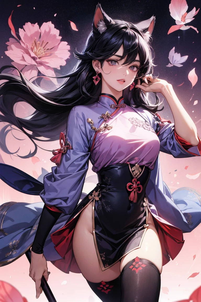1 mature beautiful woman,(Highest quality,Extremely detailed depiction,Incredibly absurd high resolution,Anatomically accurate depiction,Curvy Legs,Detailed pupil),(Glowing Skin,Shiny skin),(A charming Chinese noble lady),(The intricately constructed costume of a Chinese goddess,See-through,Intricate embroidery,Shiny fabric,Rainbow gradient sleeves,black tights),eyelash,(Pink Eyes,Crazy Eyes,There is cleavage in the chest,Wicked Smile,Glossy Lips,Flashy makeup,Seductive gestures),Luxury accessories,earrings,necklace,whole body,background:Chinese-style mansion