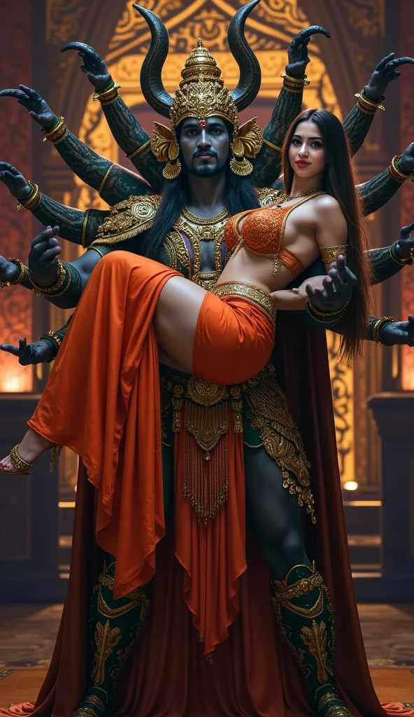 "Illustrate Ravana, a fierce demon king with multiple heads and arms, attempting to lift Mount Kailash with intense determination, while Lord Shiva and Parvati observe from above."