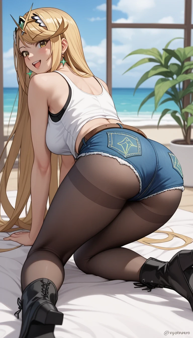 Very detailed、Highest quality、Best image quality、masterpiece、8K pixels、Anime Face、A kind smile、Open Mouth、Blonde curly hair、(Wearing a thong)、(Lean forward and turn your butt towards me:1.5)