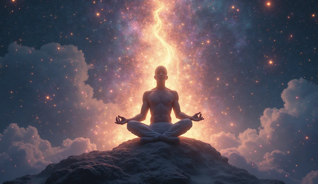 A human body in a meditative position, floating in the air, cercado por uma  brilliant energy  e etérea. The background must be cosmic, with deep shades of blue, purple and gold,  conveying a sense of peace , mystery and mental power. The person's silhouette should be slightly illuminated by a subtle glow, highlighting spiritual connection. O estilo da arte deve ser inspiring, motivational and with a mystical touch, evoking self-knowledge and uplifting of the mind."

📌  Format: 16:9 (default for youtube)
🎨 Style: mystic, inspiring, meditativo
🔮 Elementos principais: Meditative floating meditator, cosmic background,  brilliant energy 