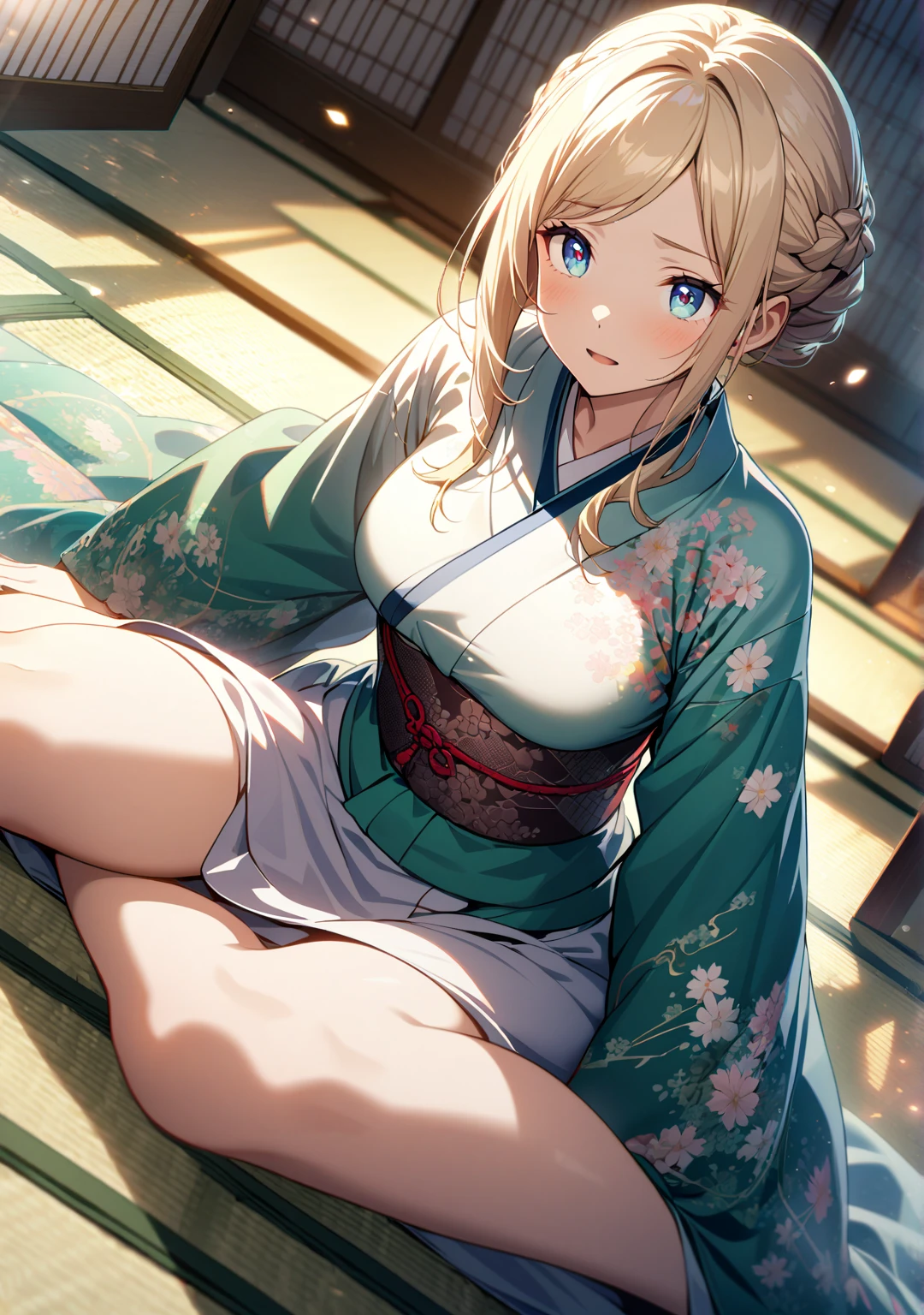 1man,Masculinity,blond hair,ponytail,blue eyes,no bra,A Japanese-style room,late at night,alone,kimono,Sitting