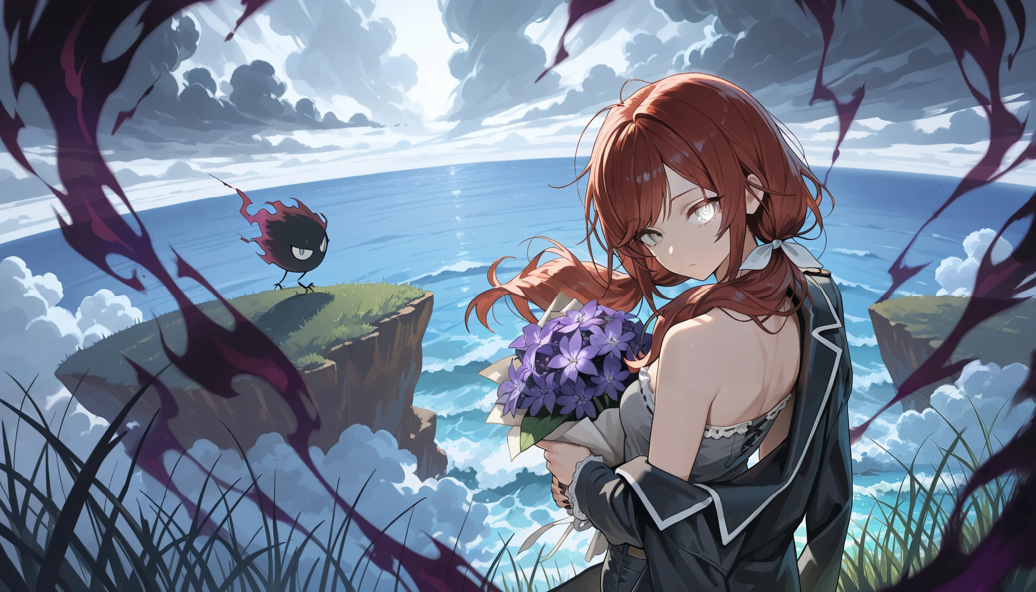 (masterpiece:1.2, Best Quality), (finely detailed beautiful eye: 1.2), (beautiful detailed face), (masterpiece:1.2, Best Quality), (finely detailed beautiful eye: 1.2), (beautiful detailed face),from above, from behind, looking out to sea, storm clouds, dark aura, dark energy, bristly hair, glowing eyes, dark aura, shadowy aura, upper body, thin girl, holding bouquet of purple flowers, expressionless, :l, Gray eyes, lifeless eyes, head tilt, dark red hair, swept bangs, low twin tails, white ribbons, strapless sleeveless shirt, gray shirt, shirt with white trim, frill trim, black coat worn over shoulders, black jeans, black nails, thin thighs, thin legs, sea in distance, shimmering sea, tall grass, atop cliff, close up, messy hair, stoic, shadowy aura,