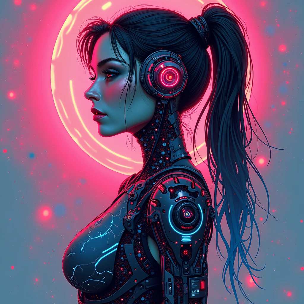 modelshoot style, full length photo of a sexy beautiful celebrity futuristic sci-fi , wearing headphone, detailed face, high quality face, beautiful, highly detailed, high quality, 8k, energy light, metal, shiny, cyberpunk style, neon light, city in background, (surface scattering:1.3), reflection