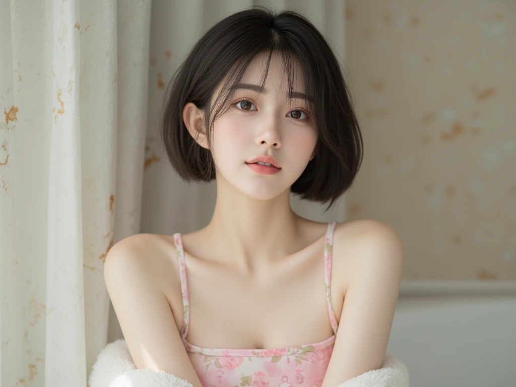 8k, Ultra-high resolution, Highest quality, masterpiece, 三分割法によるphotograph,Surreal, photograph, 1 Girl, (16 years old:1.3), pretty girl, Cute Face, Beautiful eyes in every detail, 細かくdetailedに,masterpiece,One Girl:1.2,Japan Female Teachers,extream close up,sad,glaring,Black short hair,Bob with bangs,(印象派の美しい少女のPortraiture),(Impressionist light and colour), (Avant-garde attire:1.3),(Fairy,Shiny Hair, Beautiful dark eyes, So cute and beautiful,16 years old, ), (smile:0.8),Sharp contours,Looking down, (A future never imagined), ((Abstract background)), Light from above, Low contrast, (Side view),, Perfect and beautiful face ,完璧でCute Face, Skin with attention to detail, Perfect limbs、Narrow waist,Looking at the audience,(((Ideal body type))),A cup small breasts :2,Portraiture:2,Perfect Anatomy,鮮明なdetailed,detailed,Surreal,Light and shadow,stage lights