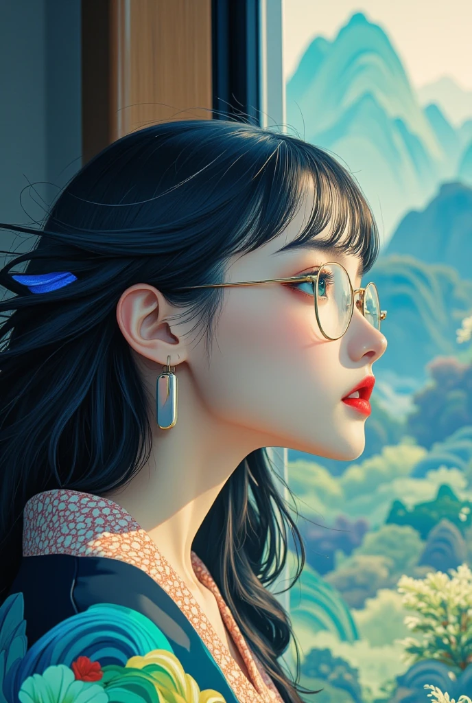 ((best quality)), ((傑best quality、masterpiece、High sensitivity、high resolution、detailed description、depiction of a delicate face)),（Slender Woman、wearing glasses、)Get your face out of the train window、hair fluttering in the wind、
