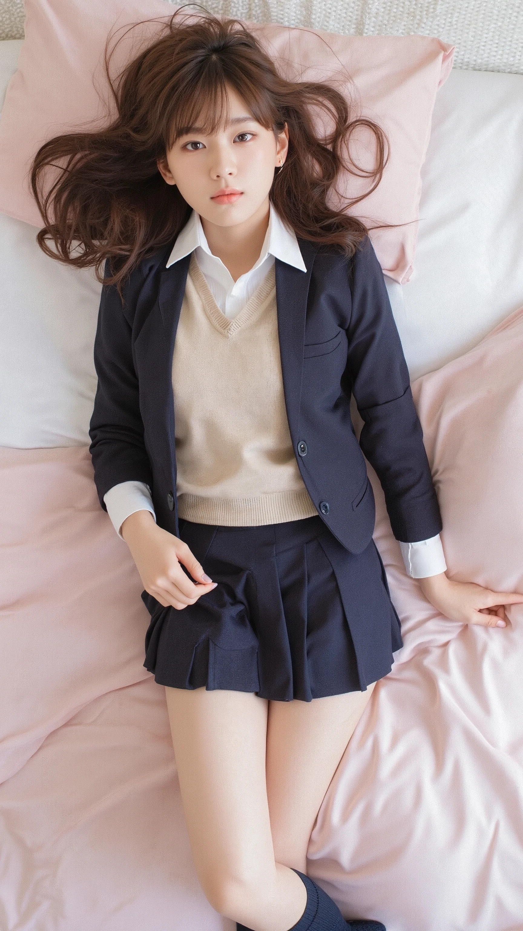 A photorealistic image of a woman lying on a bed, wearing a school uniform. She is dressed in a white dress shirt, layered with a beige lightweight sweater, and a navy blue blazer. She also wears a navy blue pleated mini skirt and matching navy socks. The setting is a cute and feminine room, and the composition is viewed from above, as if looking down from the ceiling.