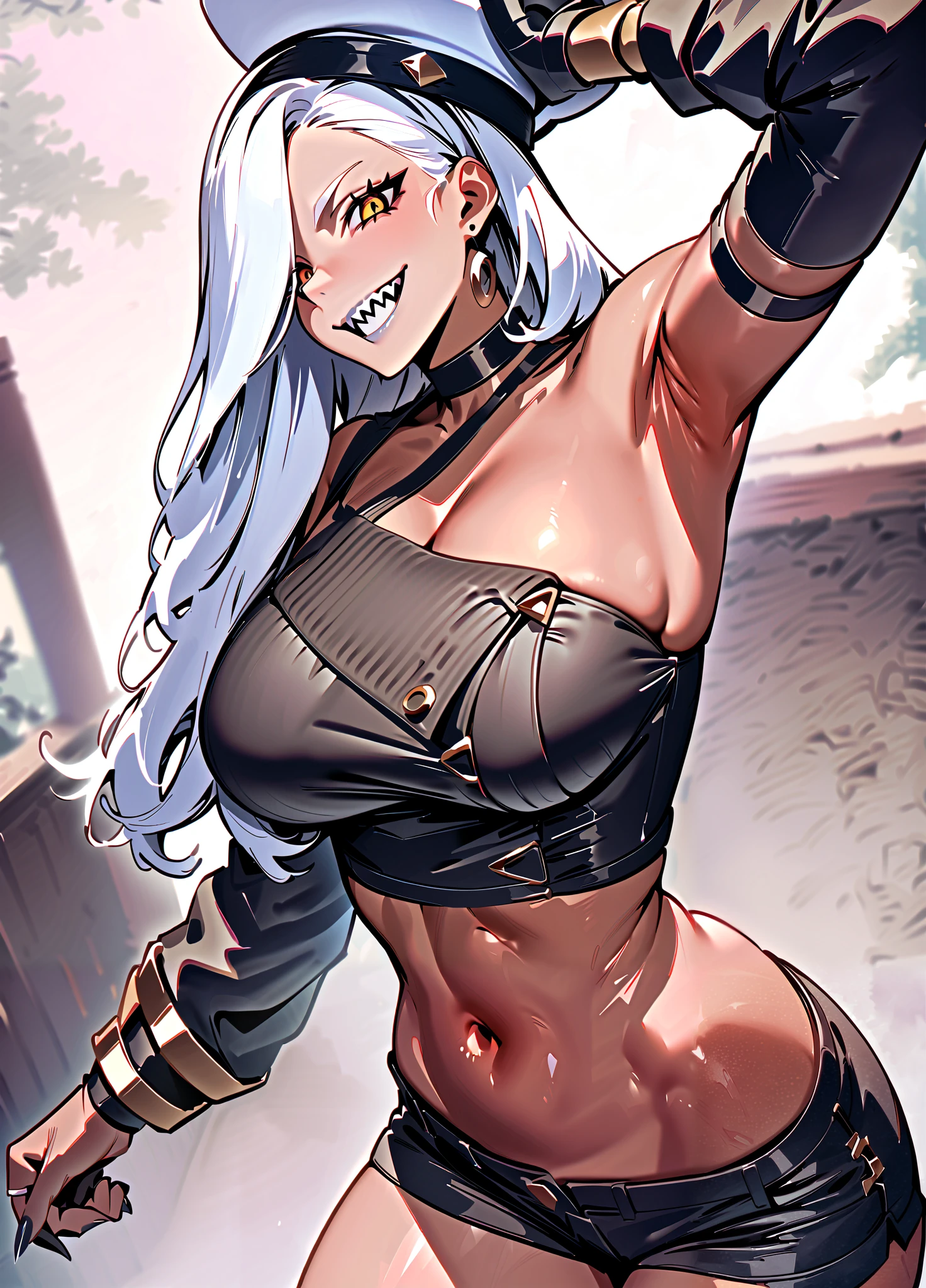 masterpiece, best quality, very aesthetic, absurdres, newest, ,Lhata4564_illu, 1girl,ramlethal valentine, breasts, dark skin, dark-skinned female, hat, beltbra, shorts, sharp teeth, solo, teeth, white hair, large breasts, navel, yellow eyes, smile
