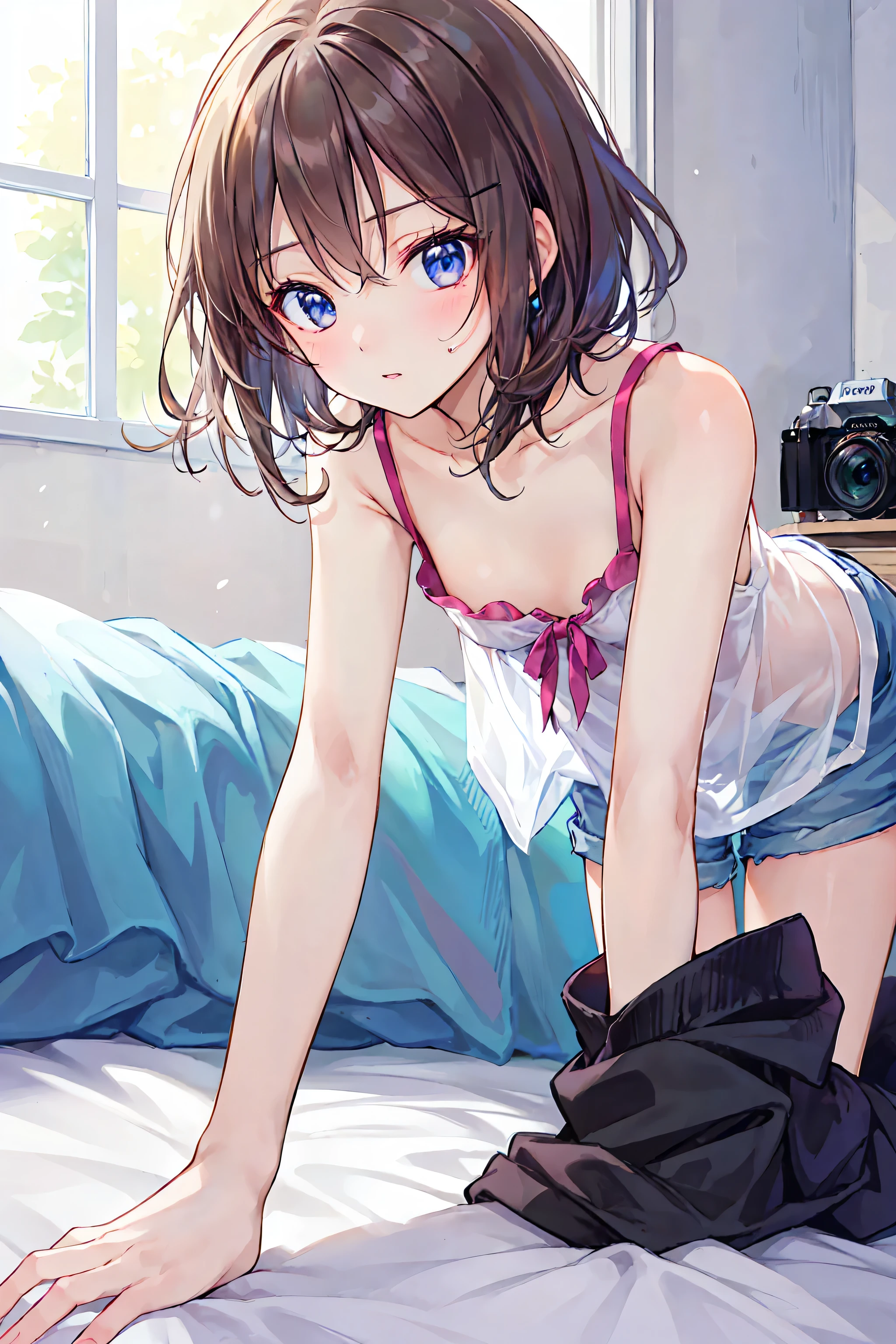 「masterpiece、Highest quality、An illustration、Super detailed、Fine details、High resolution、8k wallpaper、Perfect dynamic composition、Beautifully detailed eyes、women's summer fashion、Medium Hair、Small breasts、Natural color lips、Bold and sexy pose、smile、Harajuku、20 year old girl、cute、Sexy shot looking at the camera」