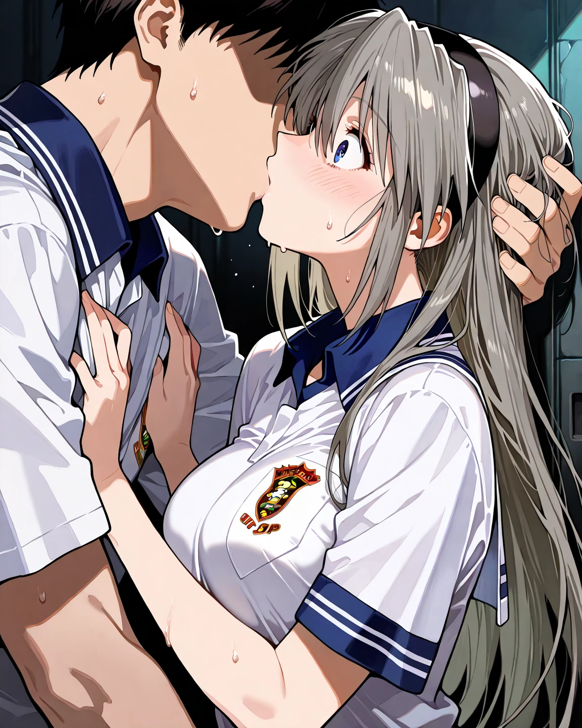 (man and woman kissing:1.6),, (masterpiece, Best Quality, high resolution, nffsw, Perfect Pixel, depth of fields, 4K), , Perfect body, , (boy and girl:1.6), (2 human in picture:1.6) boy on top, maou_misha, bangs, shirt, hair ornament, , hair between eyes, grey hair, white shirt, , long hair, collared shirt, breasts, ahoge, aqua eyes, short hair with long locks, jacket, large boob,,, , nsfw,(ecstasy:1.3) ,(slut:1.2),(vulgarity:1.3),(fucked silly:1.1),(steam:1.1),(wet:0.8),(trembling:0.8),(tears:0.7) ,(drooling:0.6),(sweat:0.8), wince,(orgasm:1.5), , (nipples:1.4), (boy fondle girl's breasts:1.6) , , (hardcore sex:1.6),