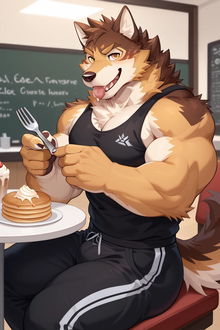 Concept art, design character furry, bear furry, He has big muscles and a big body, He loves to eat, has a cute and cherry personality