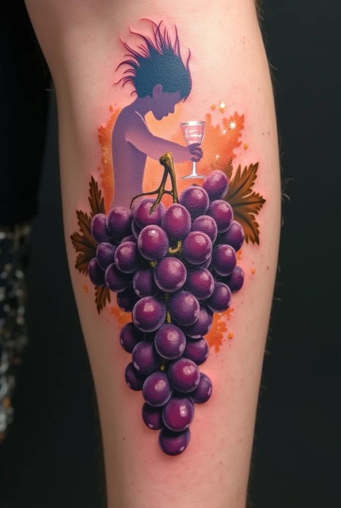 In this image, we see a naked woman with purple hair and a purple wig. She is standing with a box in her hand. The woman is depicted in a painting, and has a chest full of magic. Additionally, there is a bottle of wine in the background, adding a sense of mystery to the scene. The woman''s hair and tattoos are prominent features, adding to her unique and captivating appearance. The overall color palette includes shades of brown, purple, and black, creating a moody and enchanting atmosphere. The woman''s expression is calm and serene, adding to the surreal and dream-like quality of the image.