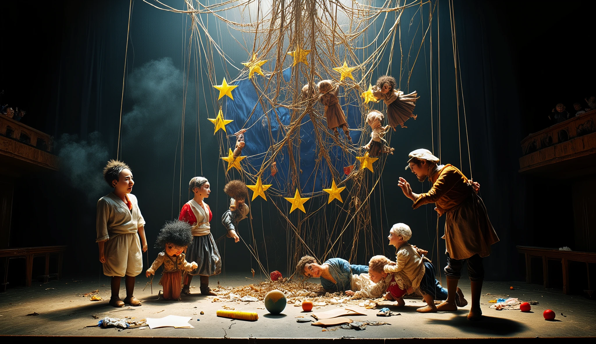 A dramatic, surreal scene of a puppet theater stage in chaos. The stage floats in darkness, with a large, torn European Union flag as the backdrop — its golden stars fraying, some missing.
On stage, dozens of marionettes, each styled after a different European country, dressed in exaggerated traditional or national outfits (e.g., Dutch in clogs, Greek in ancient robes, Irish in green, etc.). Their strings are tangled, knotted, crossing each other, creating a messy web above the stage.
Some marionettes are colliding, falling over, or tangled together. A few dangle helplessly upside down. Others are frozen mid-pose in awkward positions. Their faces are painted with confusion, fear, or frustration. One puppet tries to cut its own strings, while another is being pulled in multiple directions.
Above, the hands of the puppeteers are absent — only the chaotic mess of strings is visible, glowing faintly in blue and yellow tones. The stage floor is cracked, and some props (tiny broken flags, documents, coins) lie scattered.
The whole scene is lit with harsh, dramatic lighting from below, casting long shadows and heightening the sense of dystopian dysfunction. Smoke rises gently from behind the curtains, and parts of the ceiling seem to crumble.
This image captures the illusion of unity collapsing into visible dysfunction, a powerful metaphor for the inner struggles of a failing system.
—ar 1:1 —v 6 —style raw —quality 2 —high detail —moody lighting —symbolic —chaotic —photorealistic —sharp focus —dark, gritty palette