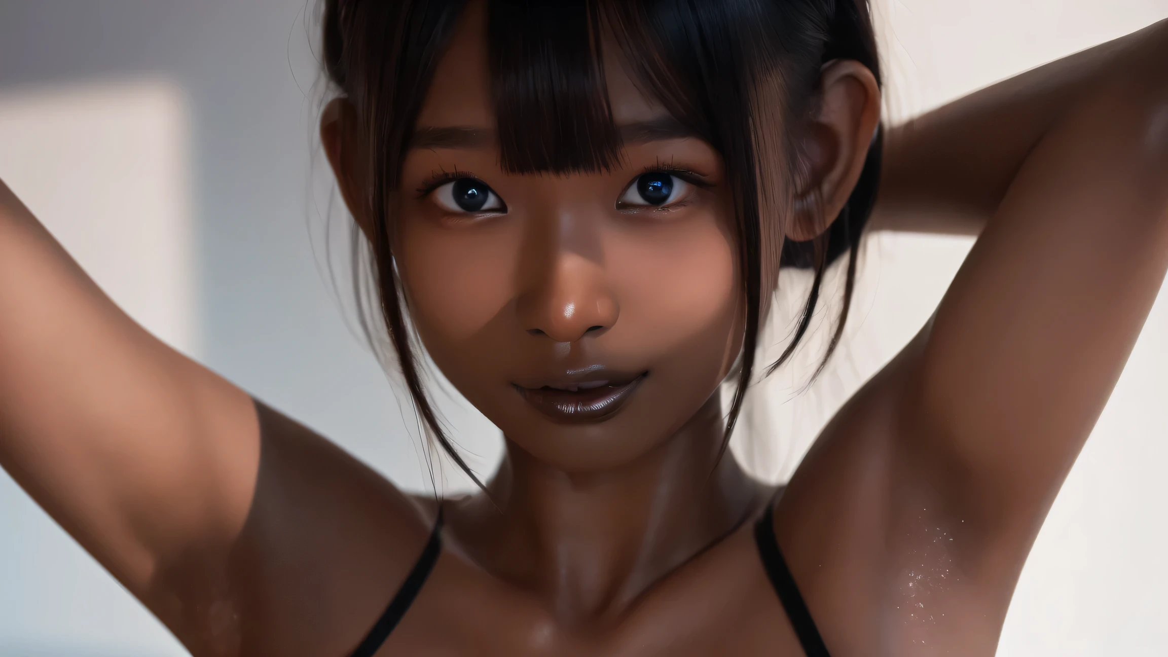 (((flat chest)))、(((small nipples)))、((nsfw))、best quality, masterpiece, highres, (detailed:1.4), 1 girl, black hair, (((( dark skin:1.5 )))), extremally thin eyebrows , thick bluish eyeshadow, thick black eyeliner, Highlighted eyes with eyeliner, false eyelashes, (( arms up ))