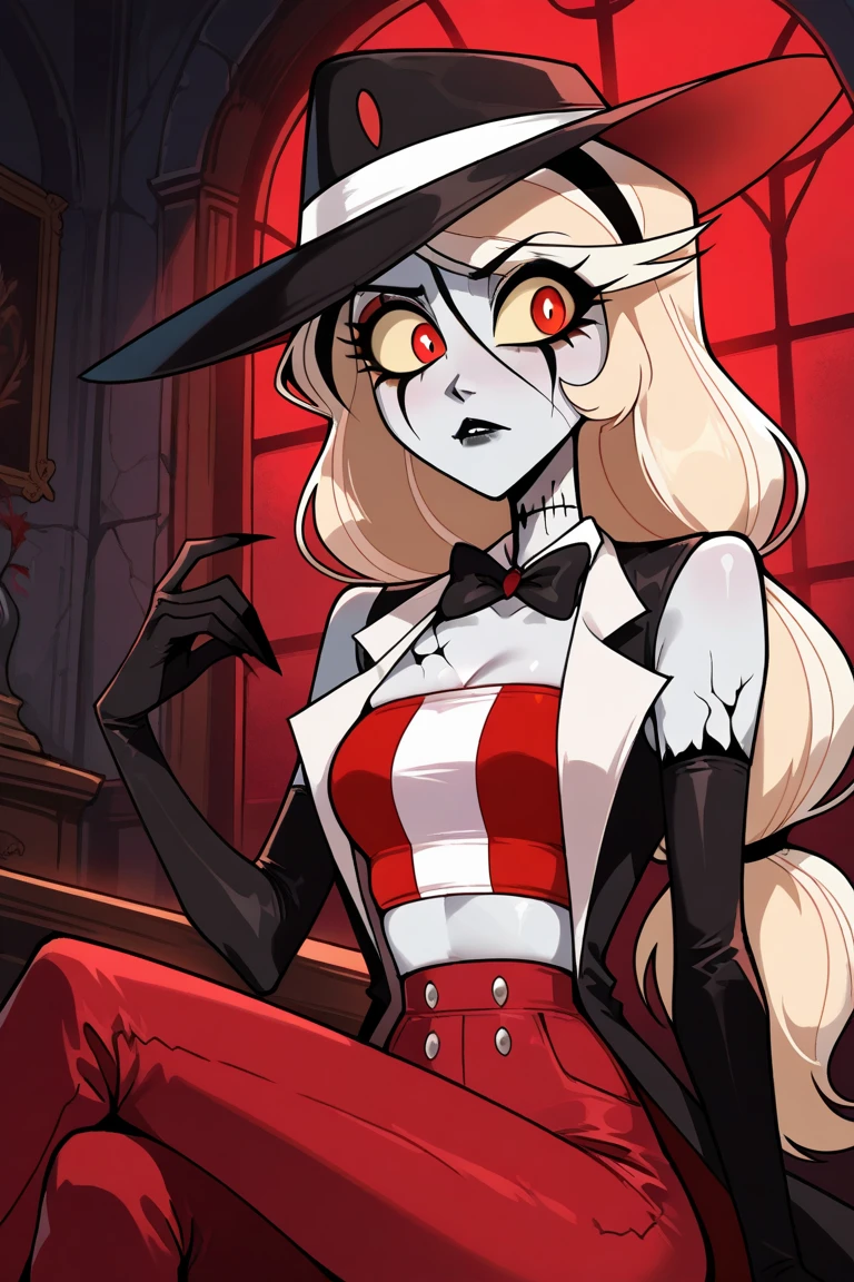 anime, charlie morning star in a red lingerie with horns and a demon tail black thigh high stockings , cruella devil, villainess, demoness, evil pose, mara demon, giesha demon, demonic! compedium!, evil princess, devilish, queen of hell, evil godess, mika kurai demon, badass pose, demon girl, succubus, sexy pose , full body in frame