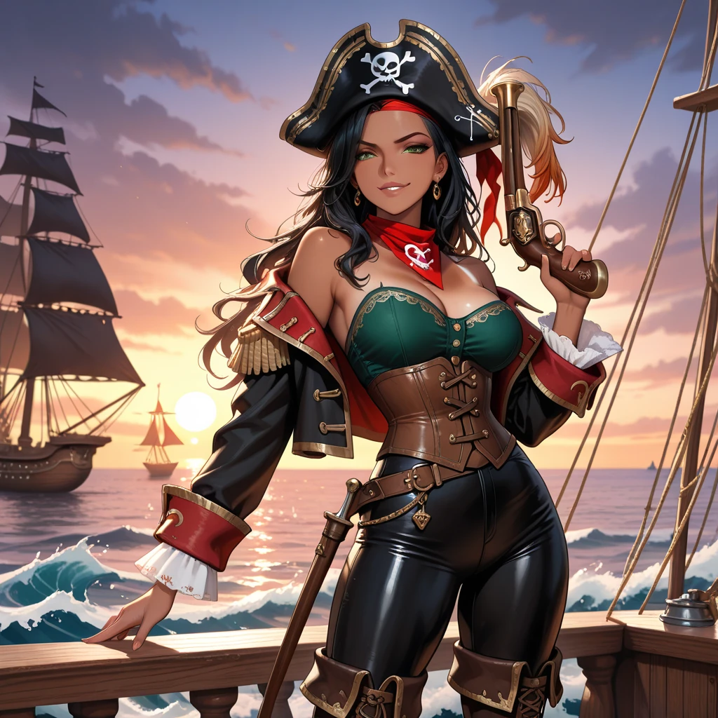 (SFW)Inspirado na arte de John Buscema,1mulher pirata, cabelos longos negros, red headband, olhos negros, corpo delgado, middlebreasts, arrogante, wearing shirt with buttons,manga comprida,cinto com fivela exagerada,tight dress pants,botas de bucaneiro, sensual,Striking a superior pose with two sharp swords in his hands,on the deck of a pirate ship, cena detalhada, cena perfeita,(SFW)
