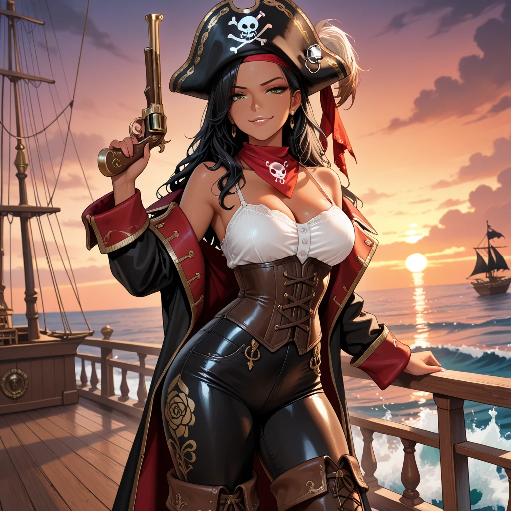 a sexy japanese woman wear pirate hat, pirate outfit, on a pirate ship, (detailed pirate ship), fog, soft light, (best quality), (masterpiece), slim, long legs, (flat chested), anime, (view from down)
