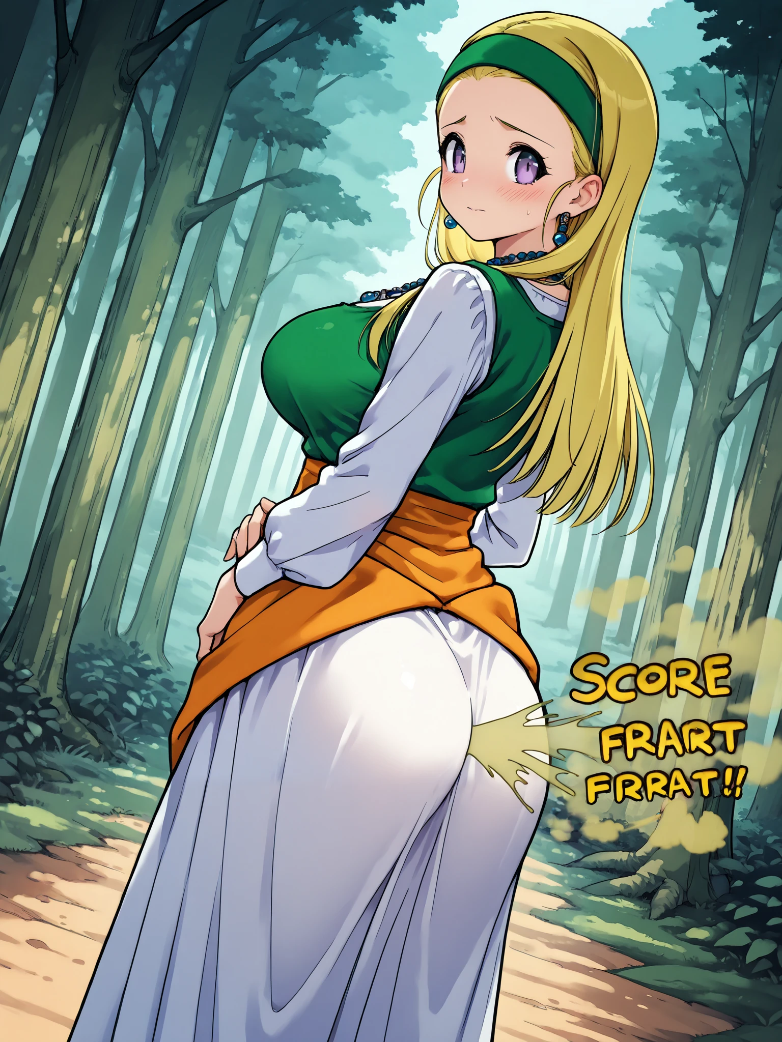 score_9, score_8_ up , score_7_ up , score_6_ up , Best Quality , masterpiece,
1 girl,Senya DQ11 , long hair, headband , earrings, necklace, dress, waist cape , standing, Closed Smiles , forest, looking viewer, Dutch angle in the house, from behind,shy,red cheek , (Very small amount of thin yellow farts drifts)、 Big Breasts、 (((Japanese fart sound effect)))