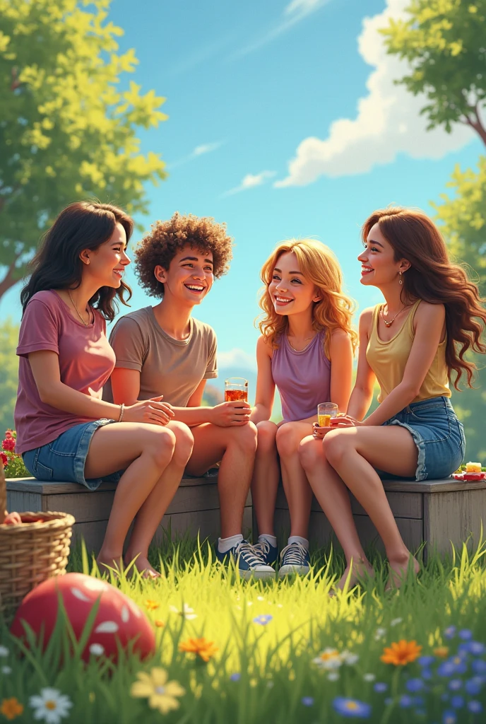 Create a 3D image, Four female friends at a picnic, sitting on the grass, One wearing blue jeans, white Adidas shoes with red, White shirt with black leather jacket and red belt, black curly hair, Brown eyes , another wearing a black sweater, Brown eyes, 4 girlfriends, blonde short hair, and pink shoes, another wearing a gray sweater and dark gray pants, long wavy brown hair, with white shoes, and another with long wavy black hair, con un vestida floral amarillo y negro corto olgado y Brown eyes