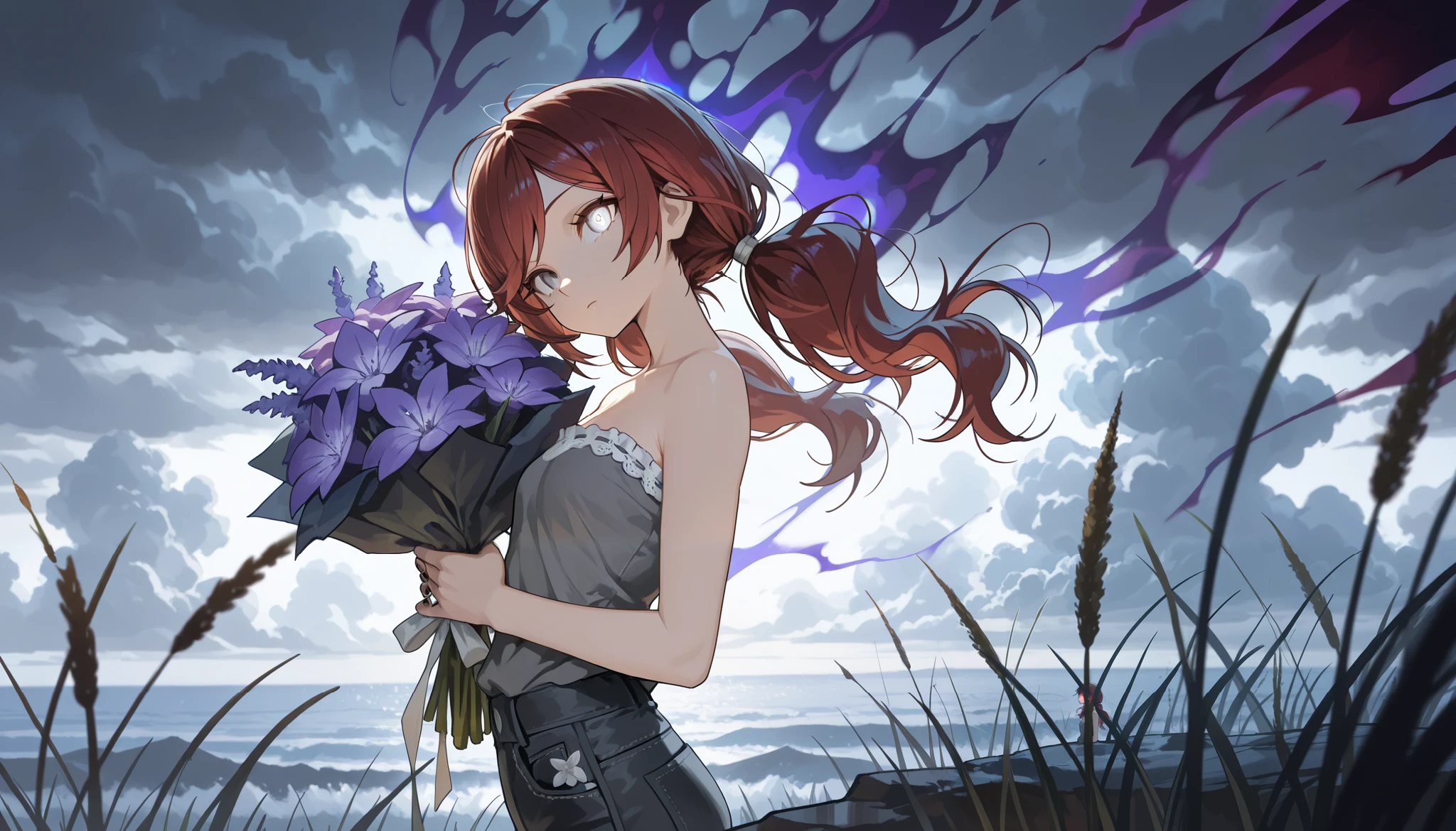 (masterpiece:1.2, Best Quality), (finely detailed beautiful eye: 1.2), (beautiful detailed face), (masterpiece:1.2, Best Quality), (finely detailed beautiful eye: 1.2), (beautiful detailed face),from side, looking out to sea, storm clouds, dark aura, dark energy, bristly hair, glowing eyes, dark aura, shadowy aura, upper body, thin girl, holding bouquet of purple flowers, expressionless, :l, Gray eyes, lifeless eyes, head tilt, dark red hair, swept bangs, low twin tails, white ribbons, strapless sleeveless shirt, gray shirt, shirt with white trim, frill trim, black jeans, black nails, thin thighs, thin legs, sea in distance, shimmering sea, tall grass, atop cliff, close up, messy hair, stoic, shadowy aura,