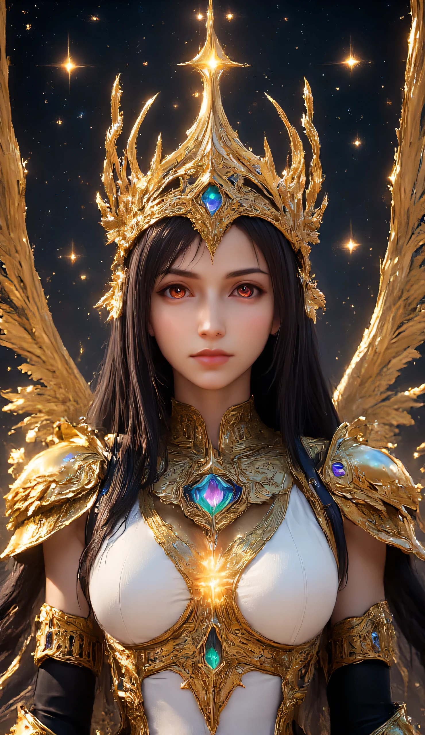 Create a fantasy female adorned in elaborate golden armor and jewelry. She should wear a golden crown with intricate designs, featuring wing-like extensions and gemstones. Dress them in a white garment with gold accents and detailed patterns. Include a golden necklace with large gemstones and a heart-shaped pendant. The background should be filled with sparkling stars, creating an ethereal and magical atmosphere.