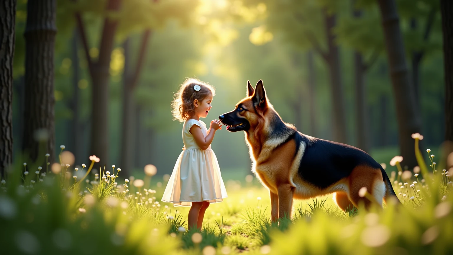 ulrarealism . Maximum quality and detail. Picture a dense forest - this will be the background. There, in the center of the frame has been standing crying for s in a white dress, her German Shepherd is standing next to her, who sniffs her and tries to calm her down. The picture is sunny and bright.
