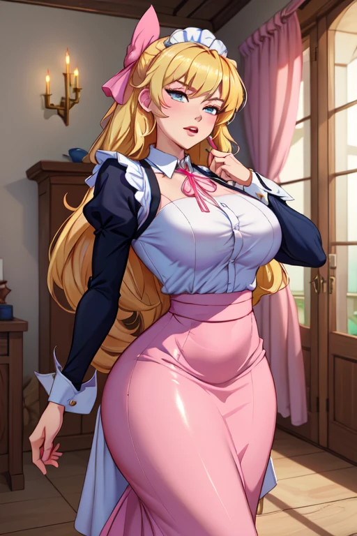 masterpiece, best quality, absurdres, illustration, 8k, perfect shadows,perfect lighting,(realistic lighting) hdr, ,realistic, ultra-realistic, cowboy shot, Photo realistic,(hyperrealistic:1)textured skin,shiny skin,skindentation, beautiful body, (blush:1.2) blonde_hair, bow, breasts, brown_eyes, elbow_gloves, gloves, hand_on_hip, huge_breasts, maid_headdress, panties, pantyshot, solo, thighhighs, thighs, tray, twintails, underwear, waitress, white_panties,pink_skirt,pink_apron,Pink_bow,blue_gloves(large breasts,hourglass body, thin waist,very slim waist)extremely detailed face,detailed eye makeup, detail face, nice detailed eyes,nice hands, perfect hands <lora:LoRA_testNatsuki:.60><lora:PerfectFullBreasts-fCV3:.40><lora:beautifulDetailedEyes_v10:0.50> (realistic pupils,realistic iris:1) heavy eye makeup<lora:add_detail:.50> <lyco:GoodHands-beta2:.90><lora:Aesthetic-Portrait-V2:.40> standing,stretched( spread legs:1.2), leg support,