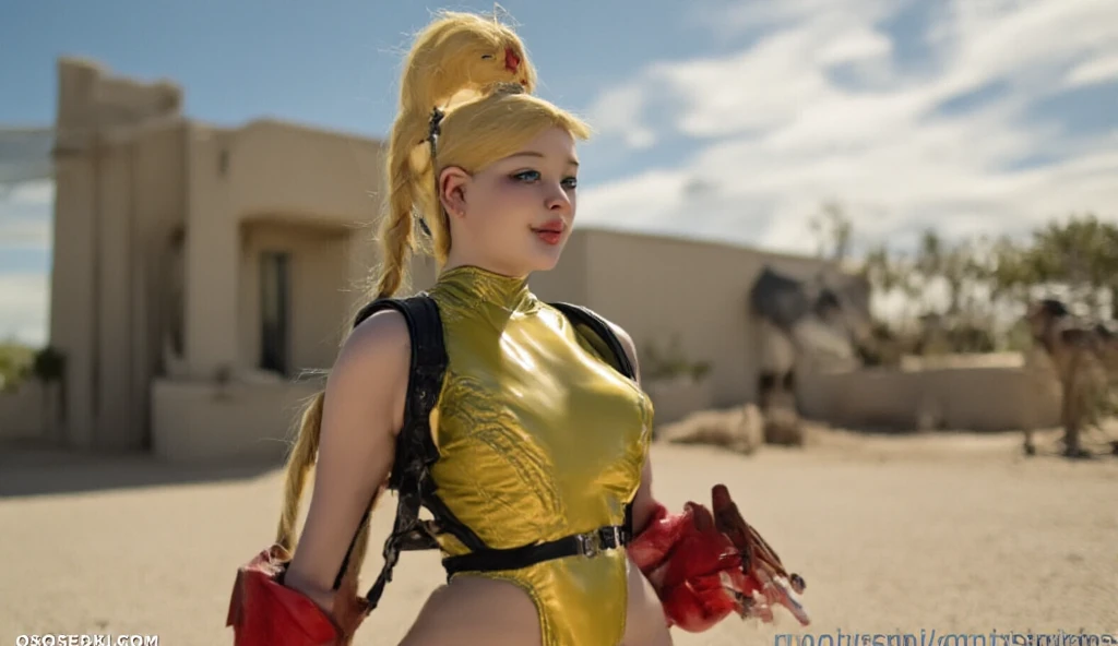 (High quality, masterpieces), One Japanese girl on all fours position, Blonde braid hair with horse ears, Covered her eyes with leather blinkers, Beautiful face, Open her mouth wide, A little black tattoo on her forehead, horseshoe shaped earrings, Big breasts, Drenched her full-body in sweat, Orange short cape, Green mini dress made of enamel, A heart shape cutout at her bellybutton, A purple micro shorts, Attach a horse tail on her ass hole, black wedge heels, Black long gloves with the shackles, Black leather choker, Purple fishnet Stockings, Garter belt, Ancient ruins on a mountaintop, Midnight with red Moon, Red carpet