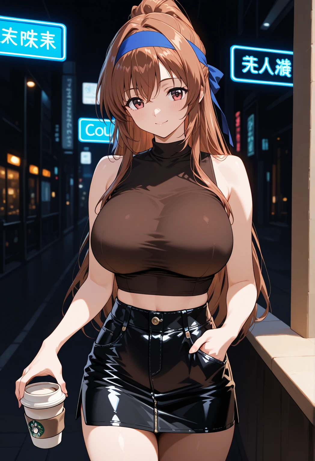 (kinako_(shiratama_mochi) style, maruzensky_\umamusume\), ((topless)), nsfw, masterpiece, leather pants, solo, 1 girl, horse ears, horse tail, erect nipples, nipples, navel, bare breasts, bare stomach, sweaty, full body, boots, medium breasts, outdoors, night, bridge, street lamp, river, collarbones, night sky, slim waist, brown hair, detailed eyes, beautiful eyes, wet, aque eyes, necklace, railing, smiling, buttoned, black gloves, city skyline, lights, lusty eyes, holding a coffee can, shiny black pants