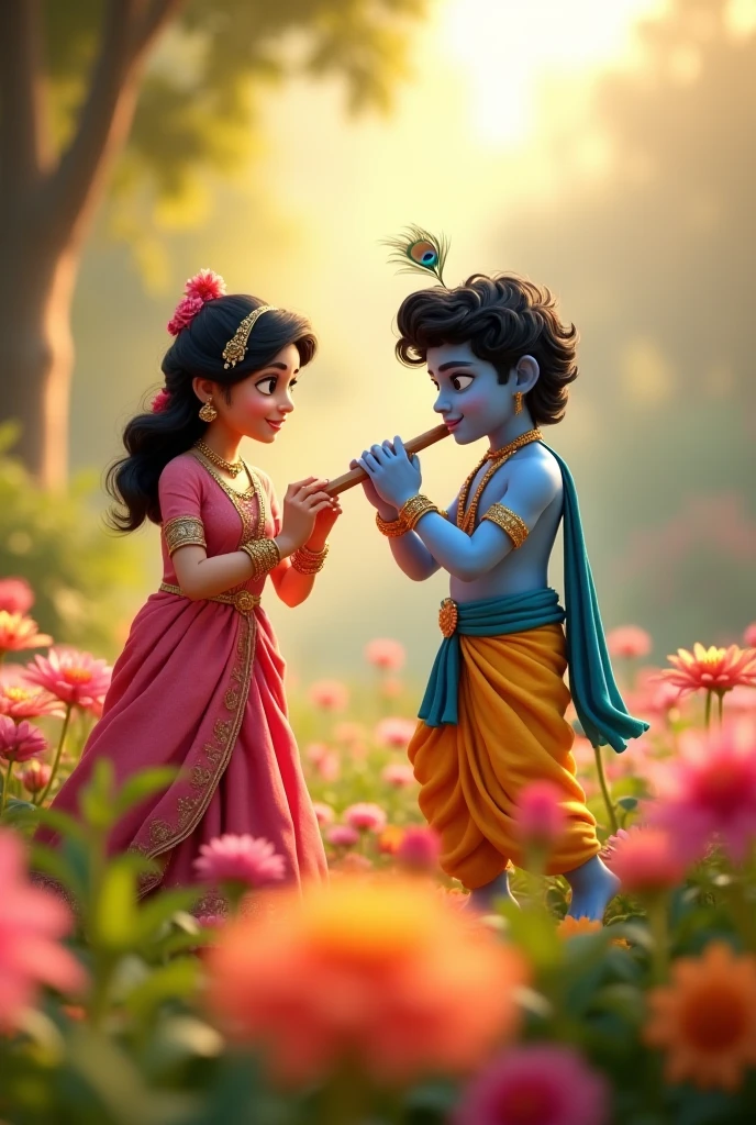 create a 3d image of 20 year old Indian devotional girl who is sitting next to krishna ji and Krishna ji playing the flute, they both sit together on the mountain,girl wearing T-shirt Name "Sandhya" written on it, heaven like beautiful view background, peacock dancing,realistic image and boy is in barefoot.