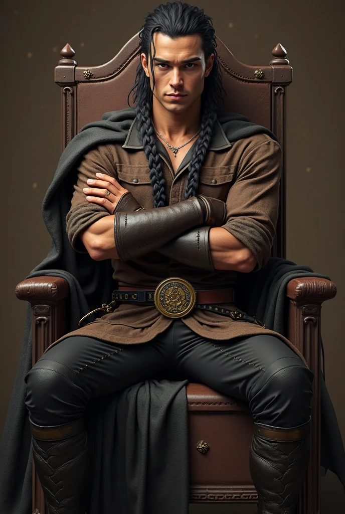 (photorealism, resolution, 1920x1080), man , Sitting on a throne, dressed in dark clothes and a black cape with dark blue, black leather pants with blue stripes, long curly hair,  Soft lighting, bones at the bottom, window with sunlight, throne room, relaxed pose, Realistic and intricate details , warm colors, by Greg Rutkowski, with living skeletons, kneeling 
