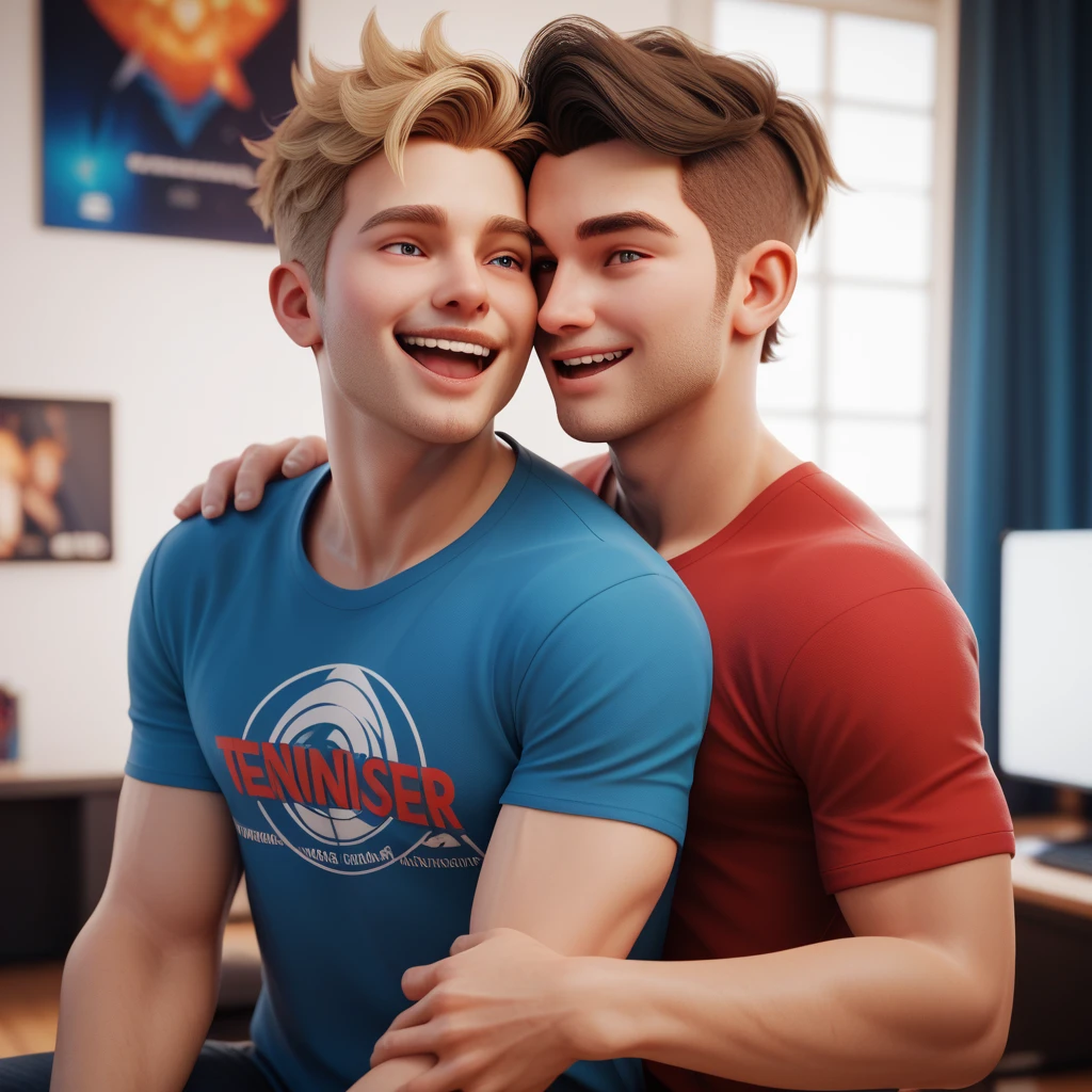 3D Create tenage boy wearing red t-shirt with Gaming headphone and looking slightly left side with excited expression . Use the RenderMan renderer. High definition, high contrast, high color saturation