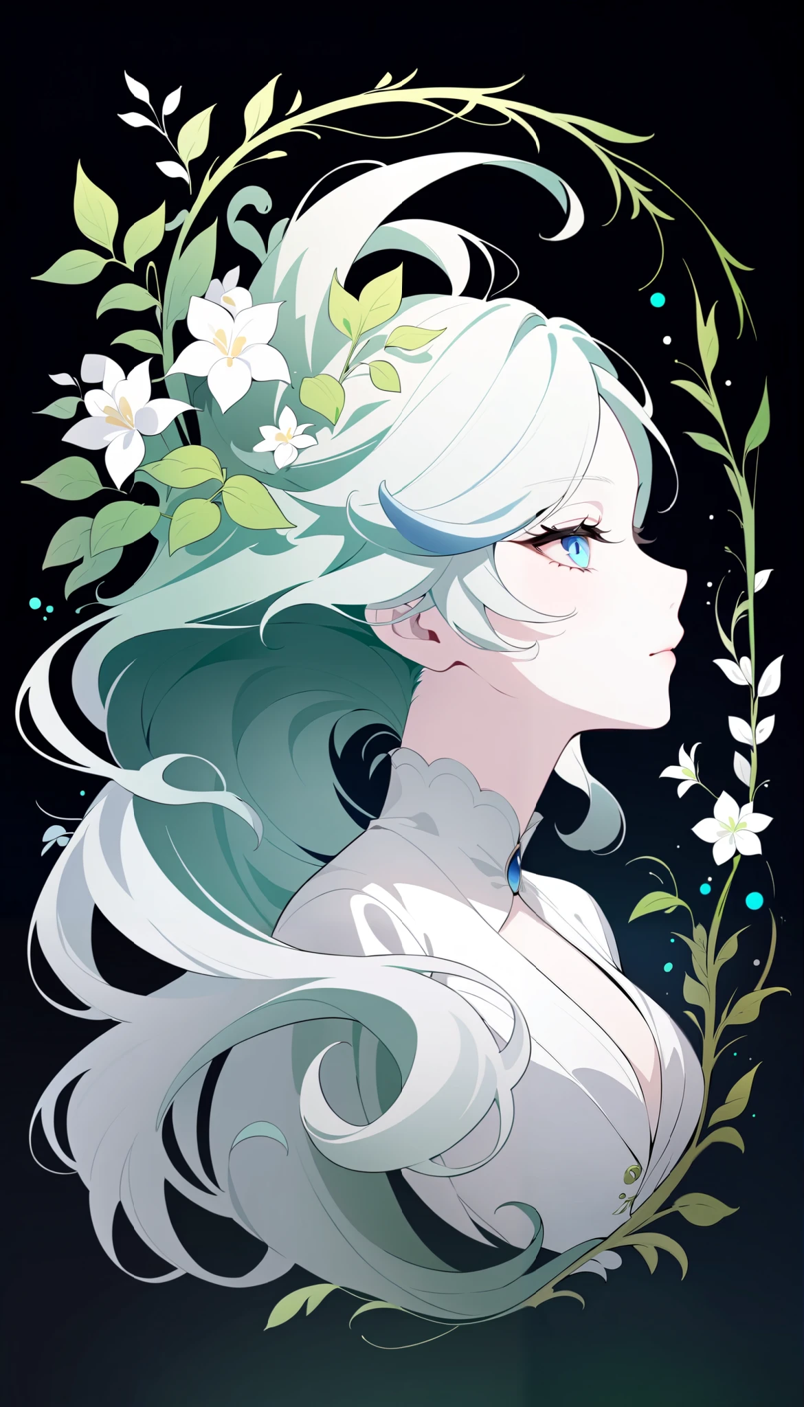 (Anime line drawing:1.5), (inverted colors:1.4), (negative space:1.6), minimalist, dark background, bright glowing lines. Furina from Genshin Impact, serene expression, graceful mask, flowing hair. Surround her with delicate glowing flowers, vines, and leaves. Add feng shui Wood element: emerald green light, soft jade accents, organic curves, tree rings, and blooming energy. Elegant, harmonious, high contrast, spiritual and nature-inspired.