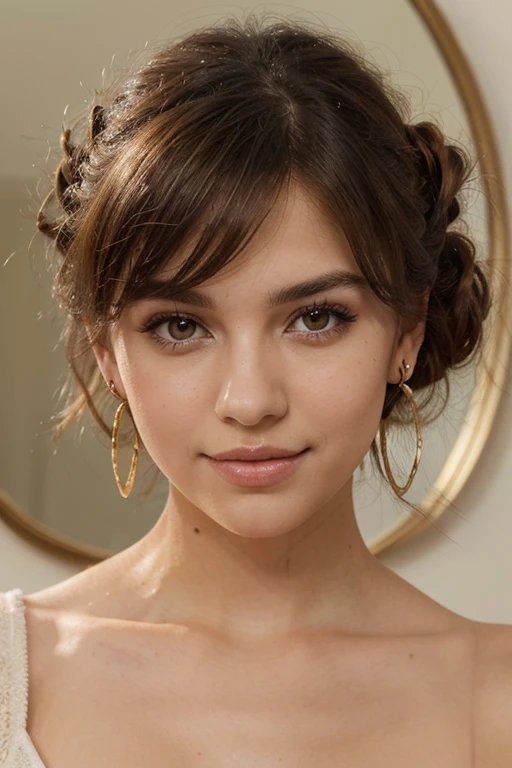 (nouveau style, ornamental, nature, highly detailed, Mucha style:1.15), close range <lora:sd15_AdrianaCallori_v2:.9> AdrianaCallori, focus on smiling face, wearing a tennis dress <lora:tennis_dress-1.0:0.8> , her hair is styled as Curly Twisted Updo,