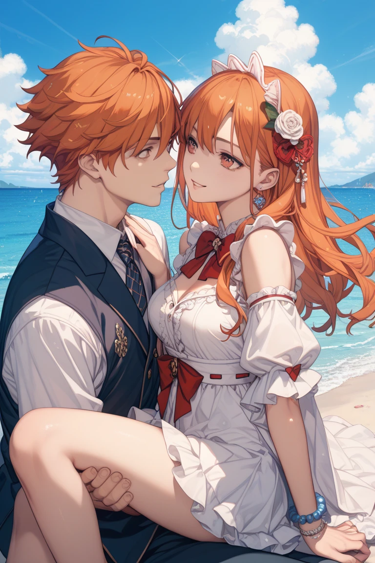 Ultra detailed, highres, absurdres, HDR, Sanji, blonde hair, blue eyes, Nami, orange hair, brown eyes, One Piece, 1 man with 1 woman together as a couple, green leaves, water, flowers and petals, butterflies