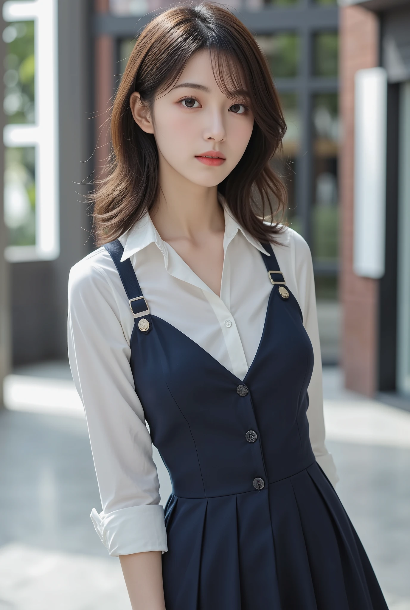 (hi-top fade:1.3)、Subdued Color、(natural skin textures、Hyper-Realism、Soft light、Soft Diffuse Lighting)、1人の女性、(White blouses、Dark blue tight skirt、pinafore)、(Silk white ankle-length socks and black pumps), wavy gray-brown hair adorned with ribbons、((Getting down on one knee to pick up a book that fell on the floor in front of the bookshelf))、Peaceful atmosphere in the library、Library shelves full of books