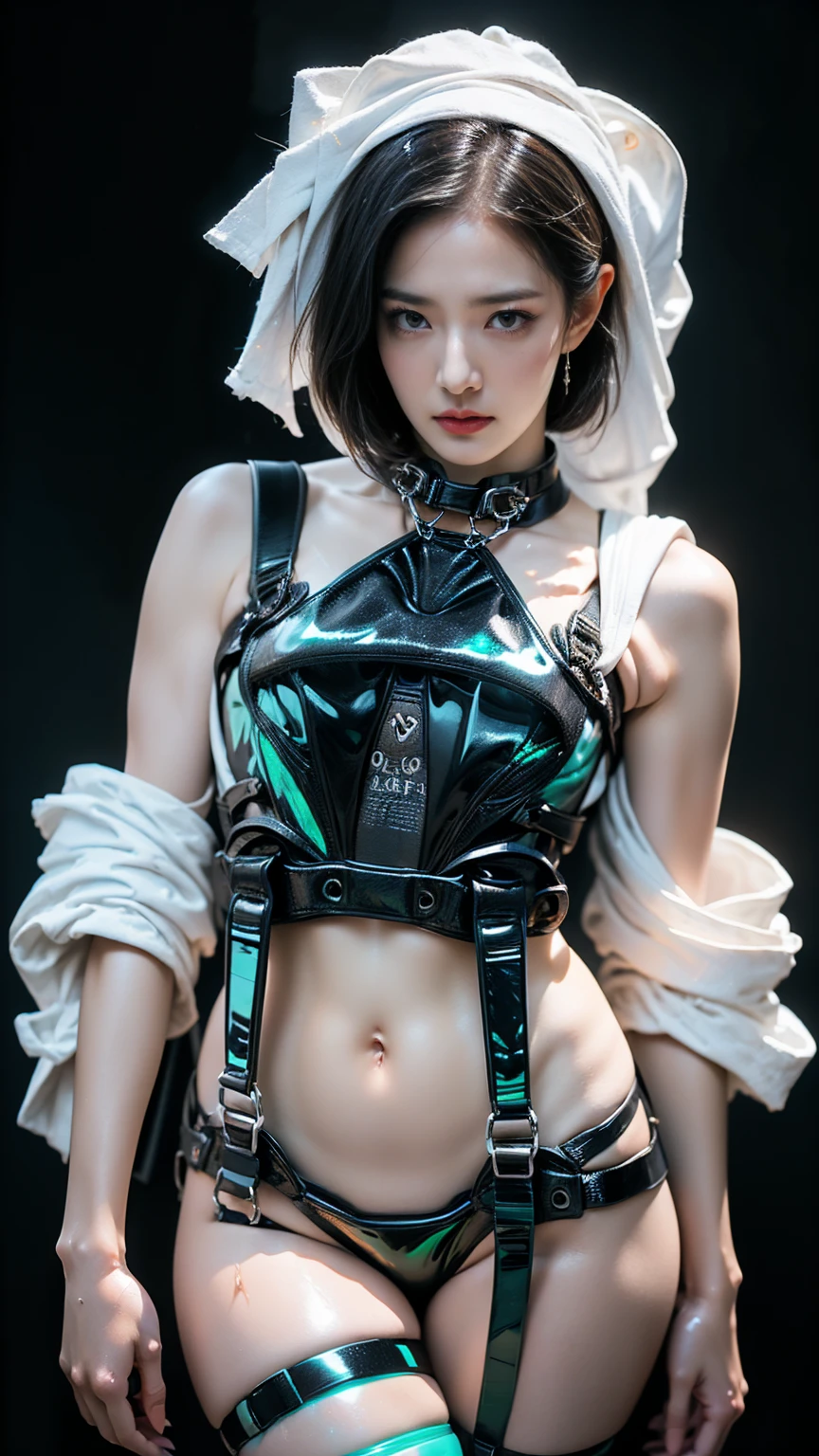 "((Highest quality,16K,High resolution,masterpiece:1.6)),Very detailedな,Very detailed,(Realistic,photoRealistic,photo-Realistic:1.37),  (Huge and stunning goddess shot, Very hot and sexy,((short hair)), Great beauty, Perfect balance, Beautiful body,((White skin:1.5)), Slim body beauty: 1.4),there is a woman in a red bikini and black leather Harness, Red and black cyberpunk outfit, Wearing a shiny breastplate, Cyberpunk Costume, Wear professional clothing and protective equipment, I rode a lot, Harnesses and garters, Wearing a sexy crop top, Funny costumes, Post-apocalyptic atmosphere, Very sexy devil costume, Cyberpunk Angry Gorgeous Goddess, skintight red leather armor, Harness, Soft indirect lighting in the studio,((Delicate artwork on a dark grey background))、((A beautiful figure that stands out against a dark background))、

