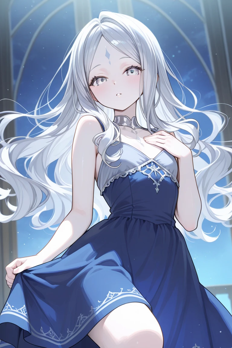 top-quality、realistic touch,high-detail、photoRealstic、long body、thin-waist、captive beauty、big eye、Strong platinum blonde eyelashes、platinum-blond、full body Esbian、Sparkling eyes、Submissive smile、Flushed cheeks、Kamimei、thin-waist、Voluptuous thighs、Enraptured look、Raked bangs、The forehead is protruding、Tight chinese dress、sleeveless、Inside a room、She isn't not wearing panties、wide slit in clothing、14 years old girl