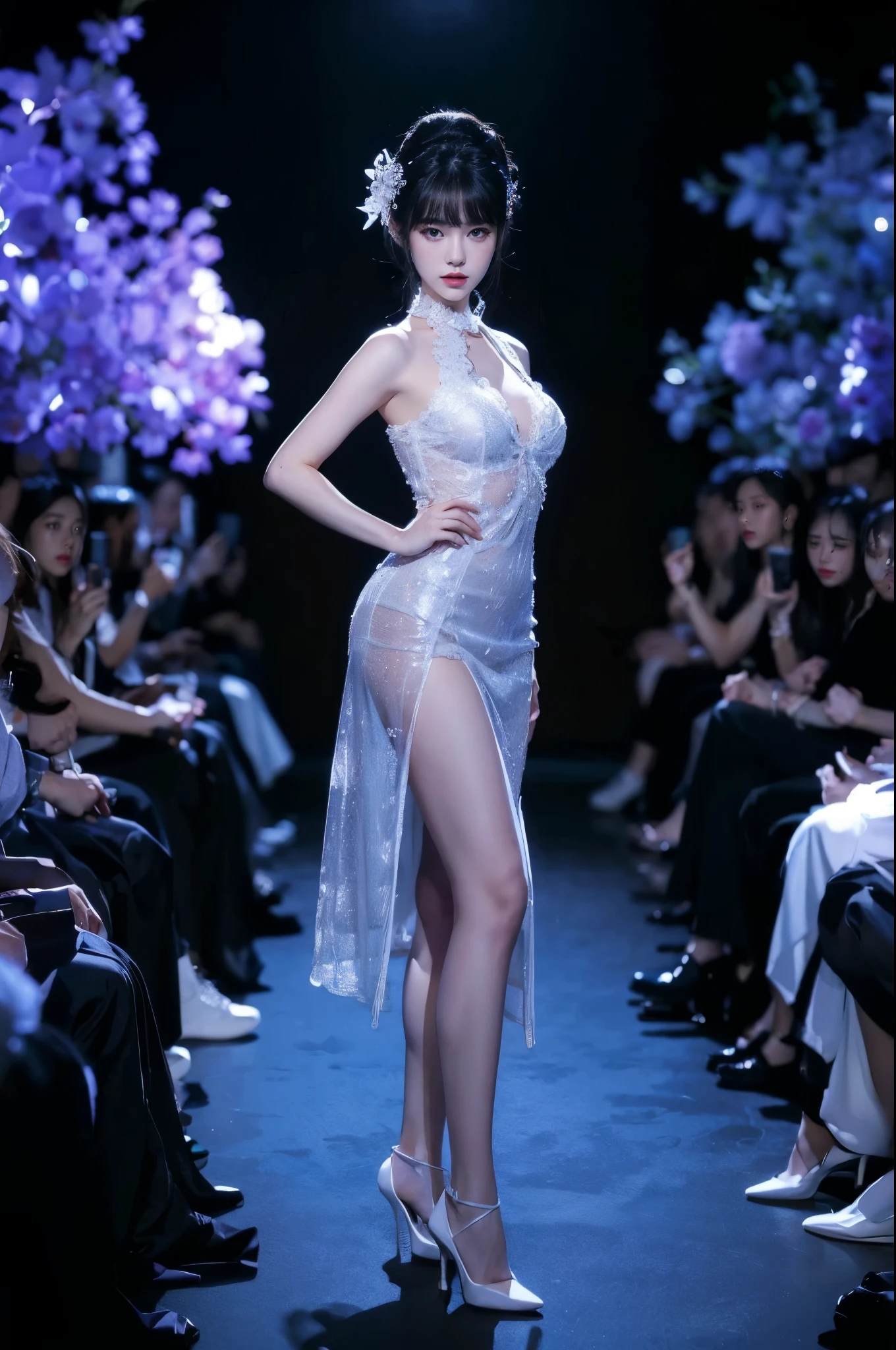 8K, Top Quality, Intricate Details, Ultra Detail, Ultra High Resolution, Masterpiece, random angle, random pose, Slender, Smile, (Makeup: 0.4), looking at viewer, ((full body)), 19 years old girl, (( full body)), close up shot, , ((tall)), (((fit body))), (((slim face))), sharp face, sharp eyes, (((black hair, )) , (detailed face), small lips, araffed asian woman in a sheered dress walking down a runway, sexy gown, translucent dress, sexy dress, opened dress, revealing stylish dress, captivating and enticing, gorgeous chinese model, translucent silky dress, translucent body, revealing outfit, cheongsam, young sensual graceful, elegant seducing pose, smooth white tight clothes suit, see through dress, a goddess,