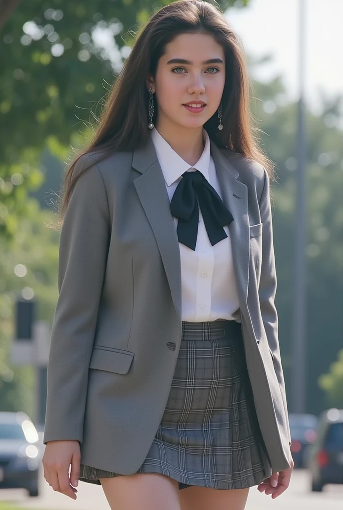 ((best qualtiy,8k,tmasterpiece:1.3)),1girll, ssmile,full bodyesbian,Slim Faces,Beautiful woman,exquisite facial features,(grey blazer,ribbons,sockes,High School Uniforms) :1.1, Super detailed face, Detailed eyes, 二重まぶた, blur backgroun, Slim Faces, 城市, do lado de fora, the street,