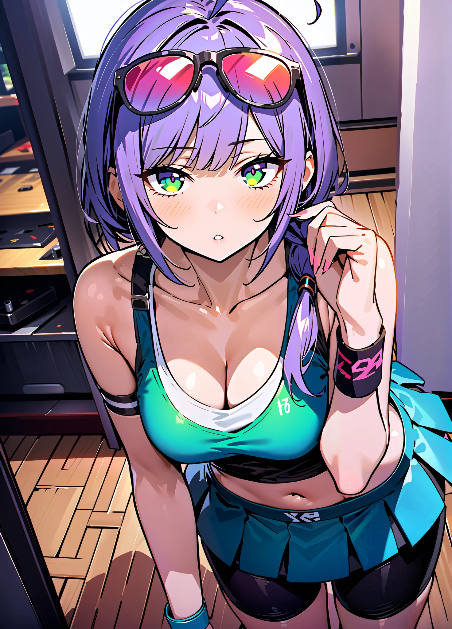 score_4,score_5,score_6,score_7_up,score_8_up,score_9 ((masterpiece,best quality,ultra detailed,highres,HD,4k:1.2)),
1 girl,solo,face focus,
indoors,club,
pink eyes,green eyes,ahoge,low ponytail,headpones,sunglasses,eyewear on head,
tank top,wrist band,bike shorts,navel,micro skirt,mini skirt,Cleavage, collarbone,