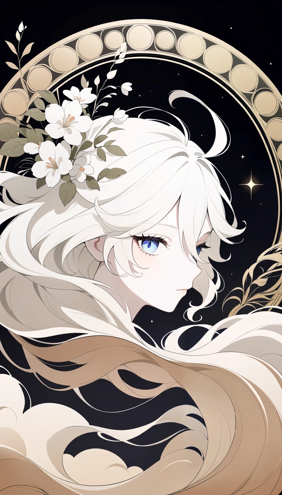 (Anime line drawing:1.5), (inverted colors:1.4), (negative space:1.6), minimalist, dark background, bright glowing lines. Furina from Genshin Impact, graceful mask, serene expression, flowing hair, surrounded by delicate glowing flowers. Add feng shui Earth element: warm brown tones, soft golden glows, terracotta accents, geometric patterns, grounding circles. Elegant, high contrast, gallery poster style, peaceful, stable energy.