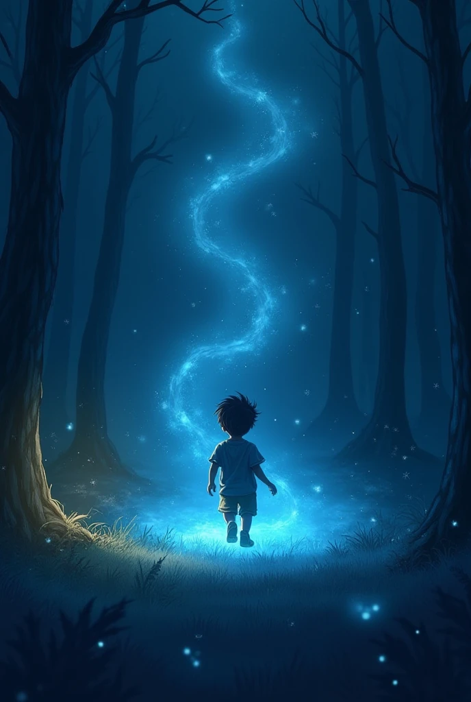 ((Highest quality)), ((masterpiece)), (detailed), night，横を向いている人間の4 year old boyの子，eyes are hidden by bangs，Another picture of a boy from behind，is reaching his hand up，Many small light-blue balls are flying around，Horror，A painting that looks like it was painted with watercolors，4 year old boy，Fantasy，mysterious