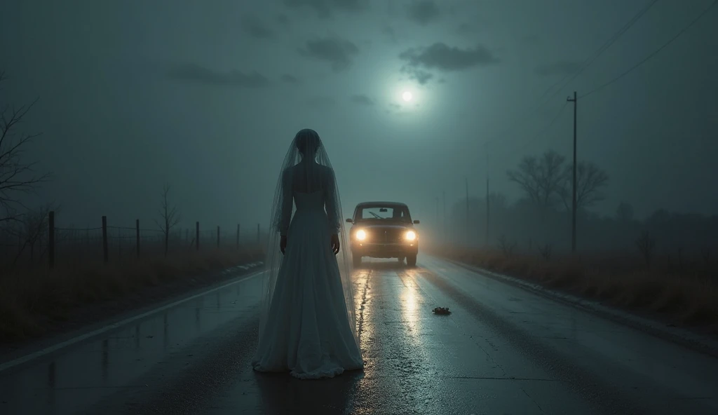 Inside a car stopped on a dark, foggy forest road at night. The driver, a man, looks terrified as he peers out the window at the woman in white approaching the car. Her figure is ghostly, with a flowing white dress and hair obscuring her face. The surroundings are shadowy, with tall, twisted trees and dense fog. Cinematic, high contrast, extremely spooky.