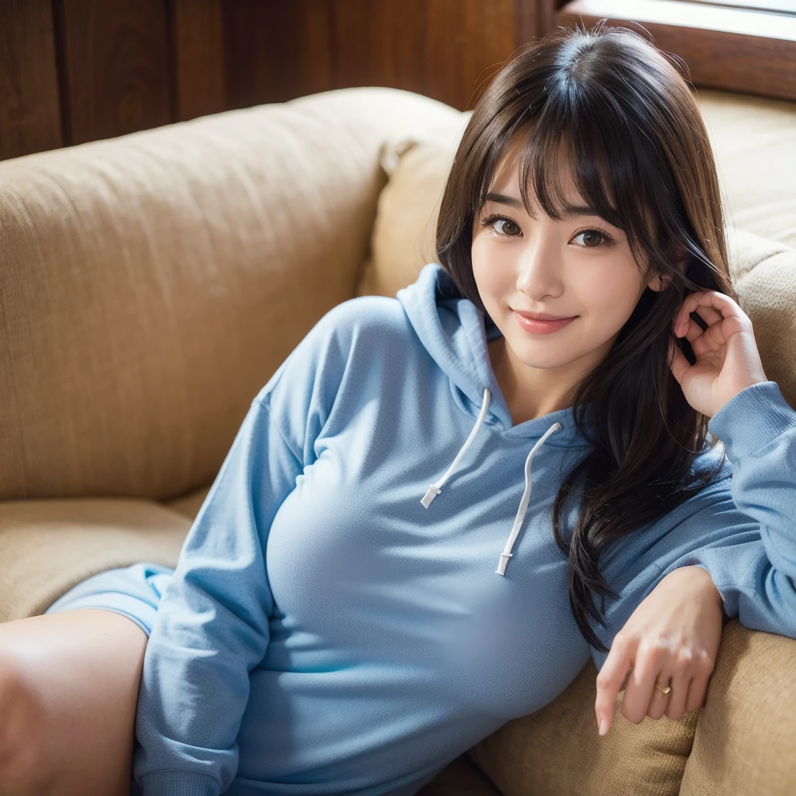 Beautiful high school girl, perfect face line, big eyes, long eyelashes, natural eyebrows, beautiful skin, perfect nose, wide double eyelids, plump under-eye bags, upturned corners of the mouth, Japanese, small face, lolita face, bob cut hair, heavy bangs, large breasts, upward gaze, plump thighs, leaning forward, ladylike, seductive posture, grinning, sitting against a wall, indoors, posture that emphasizes breasts, thin, tight hoodie, God々Beautiful and seductive