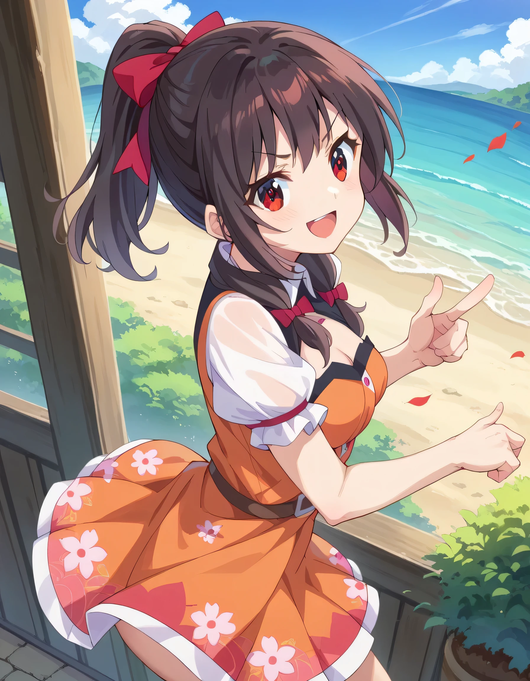 high image quality,high quality DVD、
Yunyun、 (One person)、(solo)、black hair, red eyes、(red ribbon ponytail:1.2)、(orange dress with a floral pattern)、thighs、(Happy Smile)、(cover)、blue sky、(ponytail)、(the silhouette of her body is visible through her clothes)、(she holds the hem of her skirt with one hand)、(Her clothes are see-through)、Open Her Mouth and Laugh、See viewer、and look diagonally from the side、(v-shaped eyebrows)、pointing at viewer、 view from above