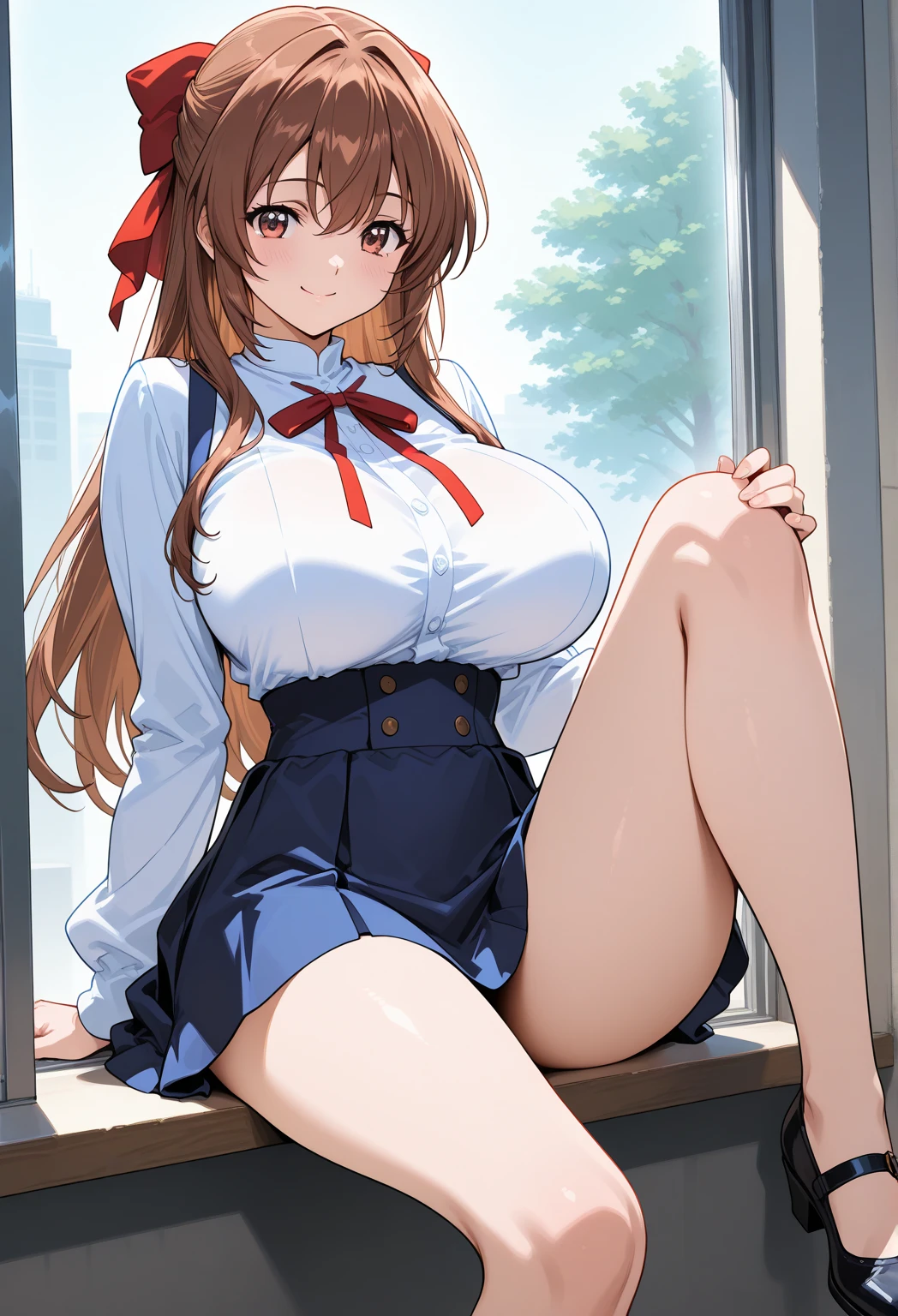 1girl,breasts,dress,flower,hair ornament,solo,sitting,long hair,orange hair,(((large breasts))),(((thick thighs))),((big hips)),thighs,looking at viewer,cleavage,crossed legs,hair flower,blue dress,smile,outdoors,tree,bare shoulders,parted bangs,sky,cherry blossoms,bare legs,bangs,hand on own chest,legs,(((inoue orihime))),brown eyes,feet out of frame,orange eyes,detached collar,petals