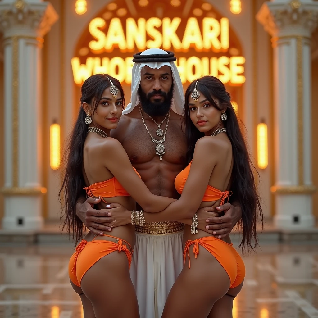 ((Best quality, 8k, Masterpiece :1.3)), (realistic, photo-realistic:1.37) A charismatic man wearing an Arabic kaffiyeh outfit is surrounded by seven young sexy Arab women wearing hijabs with sexy white lace bras. seductive face, Some gently place their hands on his shoulders or body. colourful discotheque lights and partying, (full body shot, top quality), (masterpiece), photorealistic, light spot