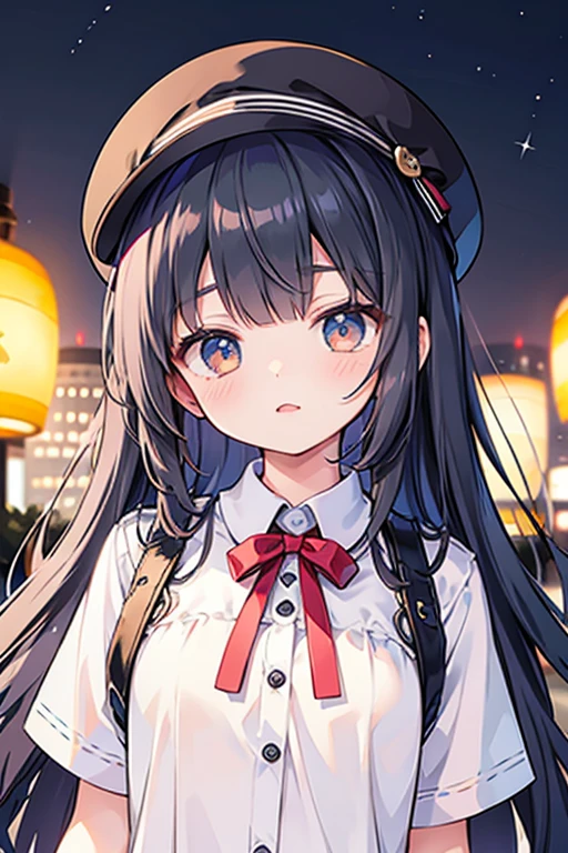 （In 8K, Highest quality, Tabletop:1.2)、Ultra-high resolution, 1 16-year-old female,((petal collar shirt)),Highly detailed face,Deep and detailed,Black Hair, Long Hair, Large Breasts、,Blunt bangs,(donut hair)、burberry check beret,naked、Nipples、Detailed fingers、alone,I was surprised,Open your mouth,standing in the middle of the railroad tracks